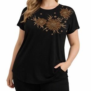 Picadilly Fashions Black Boho Floral Short Sleeve Scoop Neck Women’s Size XL Top